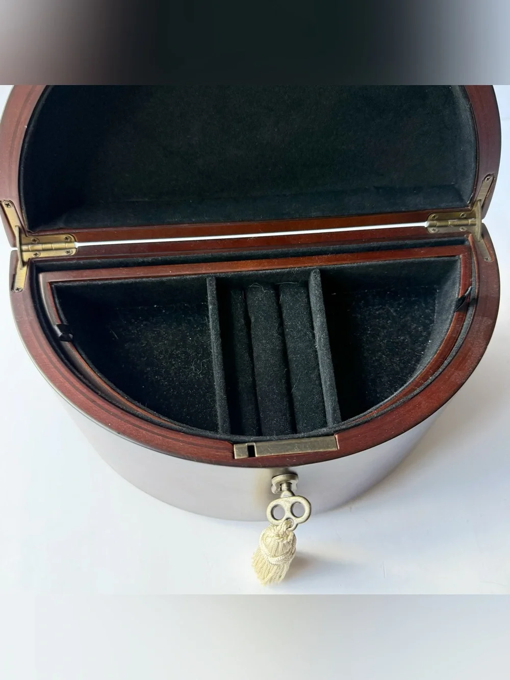 Bombay Co Half Moon Cherry Burlwood Finish Jewelry Box Tassel Key Brass Feet